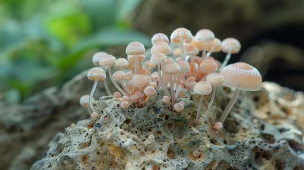 A group of small white mushrooms pushing their way out of the cracks and crevices of a large rock. The mushrooms appear to be thriving in their unique environment, showcasing the resilience of nature.