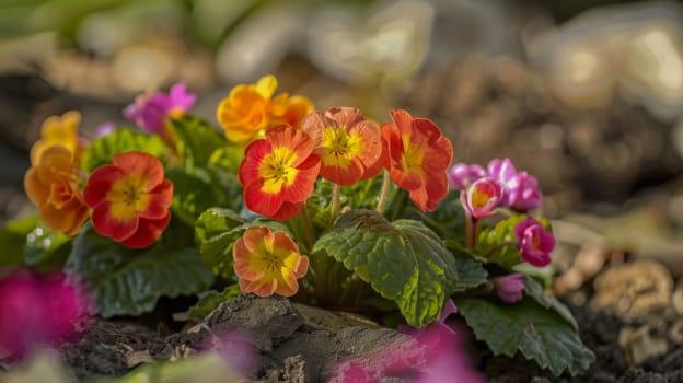 A cluster of various flowers, including daisies, tulips, and daffodils, are blooming in the brown soil. The vibrant petals contrast with the earthy tones of the dirt, creating a colorful scene in nature.