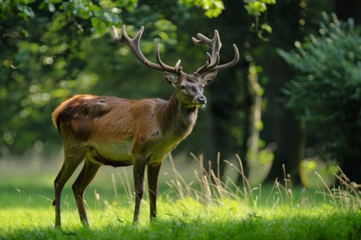 A deer is standing in a grassy field, its body alert and ears perked. The deers fur blends with the surrounding green grass as it gazes into the distance.