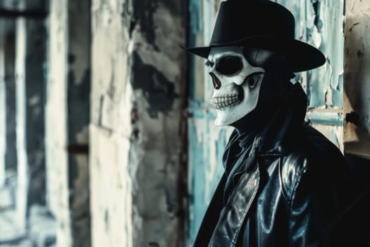 A skeleton wearing a stylish hat and a leather jacket stands in a confident pose. The skeletal figure exudes a bold and edgy vibe with its attire, showcasing a unique combination of fashion and macabre aesthetics.