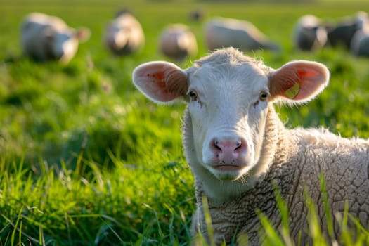 A small baby sheep is standing in a lush field of green grass. The young animal appears curious and alert as it explores its surroundings. The sun is shining brightly overhead, casting a warm glow on the scene.