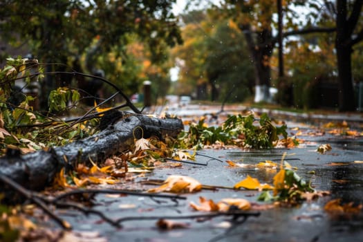 A fallen tree is seen laying on the side of a road, obstructing part of the pathway. The tree appears to have fallen due to natural causes, potentially from a storm or strong winds. Its branches sprawl out onto the road, posing a hazard to passing vehicles.