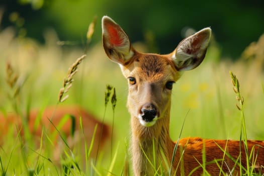 A juvenile deer is seen standing amongst the tall green grass in a natural habitat. The deer is alert and gazing around its surroundings in a peaceful manner.