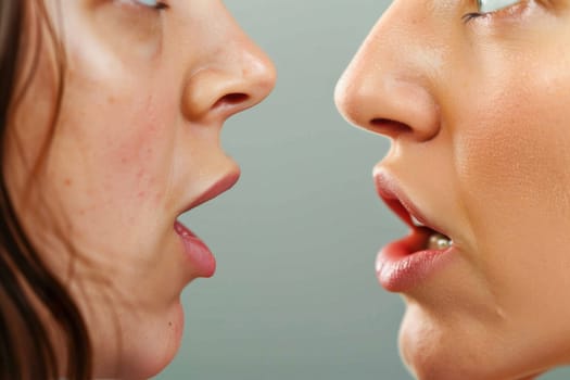 Two women are close to the camera, contorting their faces in humorous expressions. They are playfully engaging with each other, creating a fun and lively atmosphere.
