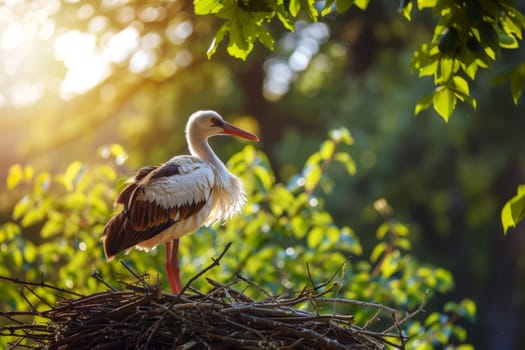 A bird perched on the edge of its nest, balanced on the branches of a tree. The bird seems to be guarding its nest or possibly feeding its young.
