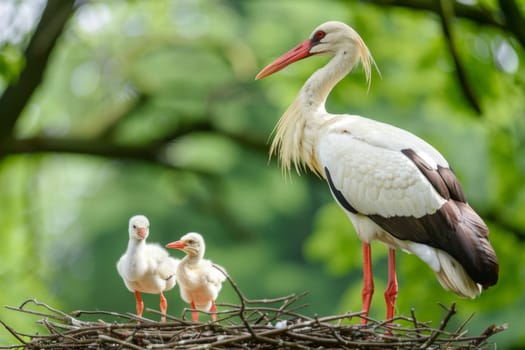 Several birds of various species are perched atop a large nest, appearing to be resting or socializing. The nest is constructed of twigs and leaves, nestled in a tree or another elevated location.