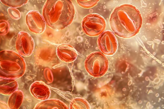 The image shows red blood cells flowing inside a blood vessel, carrying oxygen to various parts of the body. The cells are moving swiftly through the narrow vessel, maintaining the bodys vital functions.