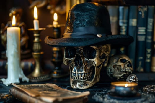 A skull wearing a hat is placed next to a burning candle on a wooden table. The candle emits a soft glow, illuminating the eerie scene.
