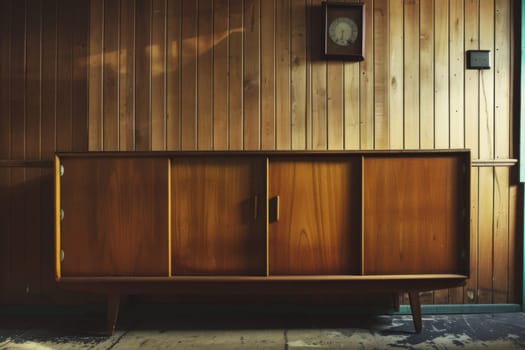 A wooden cabinet is positioned in front of a wooden wall, creating a rustic and functional display in a room. The cabinets design complements the walls wood grain, adding warmth to the space.