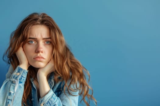 A woman with long hair is seen wearing a denim shirt in this straightforward portrait. Her flowing hair contrasts with the rugged texture of the denim fabric, creating a casual yet stylish look.