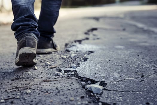A person is seen walking down an urban street that is damaged and in disrepair, with visible cracks and holes in the road surface. The individual navigates carefully around the irregular terrain, showcasing the need for maintenance and repair.