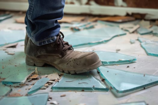 A person is standing on a broken glass floor, carefully balancing themselves to avoid injury. The shattered glass creates a dangerous and precarious environment, adding an element of risk and tension to the scene.