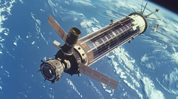 A space station is shown hovering in the middle of the earths core, demonstrating a unique and technologically advanced concept of space exploration and research. The station is beautifully juxtaposed against the layers of the earths crust, mantle, and core.