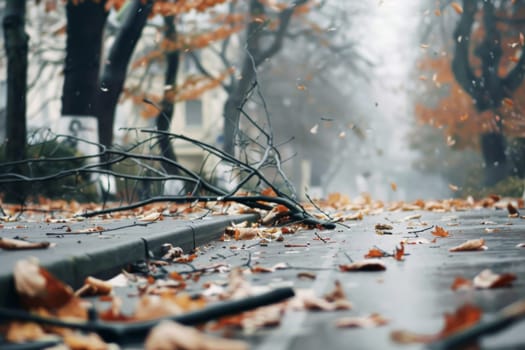 A city street is covered in fallen leaves, creating a carpet of golden foliage on the ground. The leaves crunch underfoot as pedestrians walk by, with trees lining the sidewalk shedding their autumn colors.