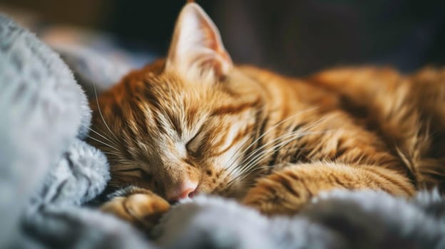 A close-up view of a domestic cat peacefully sleeping on a soft bed, curled up in a comfortable position. The cats fur is fluffy and its eyes are closed as it rests undisturbed.