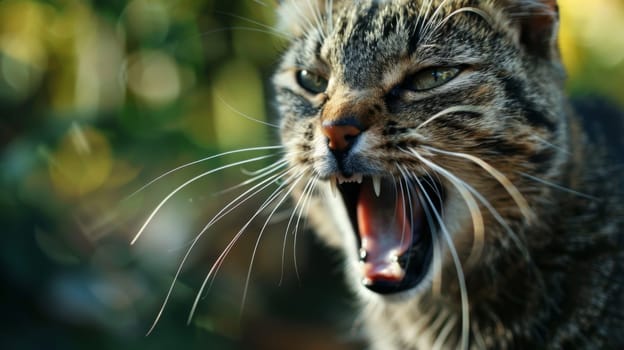 A cat with its mouth agape, showing teeth and tongue. The feline appears surprised or in an aggressive stance, with ears perked and eyes wide open.