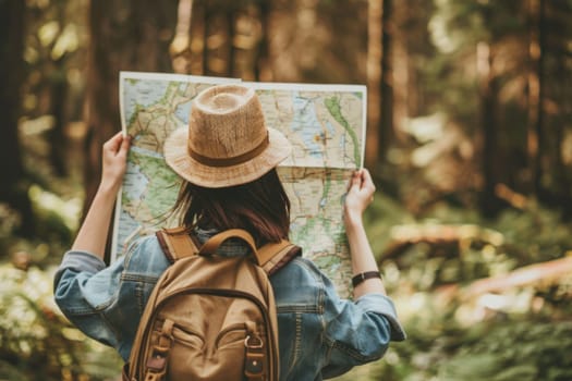 A woman wearing a hat is seen in the image holding a map in her hands, appearing to be navigating or planning her route. The focus is on her gesture of studying the map, suggesting travel or exploration.