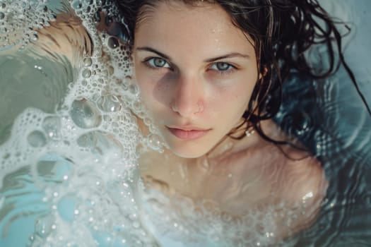 A woman is seen floating in a pool of water, her hair billowing around her in the air.