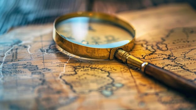 A magnifying glass is placed on top of a detailed map, possibly indicating a search for a specific location or route. The map shows intricate geographical details such as boundaries, cities, and landmarks.