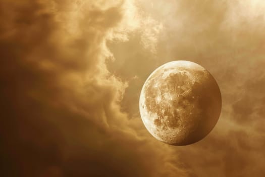 A very large moon shining brightly in a sky filled with dark clouds, creating a dramatic and powerful scene. The moon stands out amidst the thick cloud cover, illuminating the night sky.