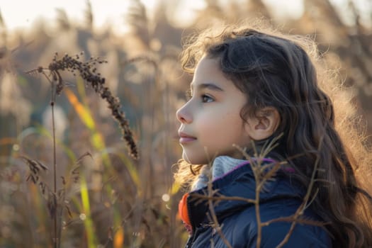 A young girl stands confidently in a field of tall grass, her gaze focused ahead. The sun casts a warm glow on her as she explores the natural surroundings.