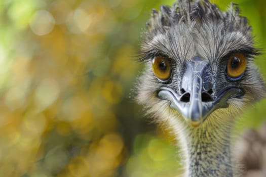 A close-up view of an ostrich, showing its distinctive long neck, large eyes, and fluffy plumage, with a blurred background creating a sense of depth and focus on the main subject.