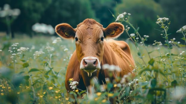 A brown cow is standing among a field of colorful flowers. The cow is grazing peacefully, surrounded by vibrant yellow, purple, and white flowers. The scene captures the essence of a cow in its natural environment, enjoying the lush pasture.