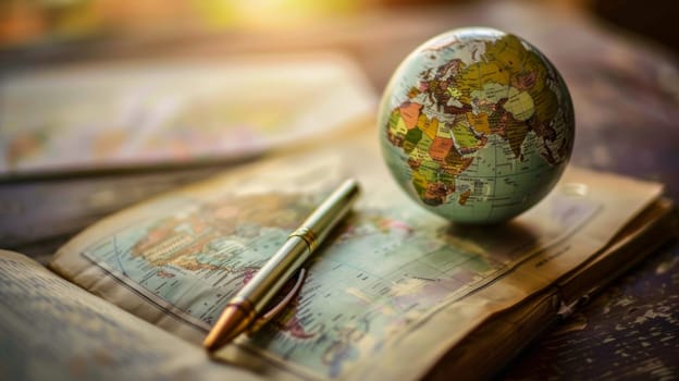 A small globe is positioned on top of an open book, symbolizing education, knowledge, and exploration. The globe rests on the books pages, showcasing a connection between learning and global awareness.