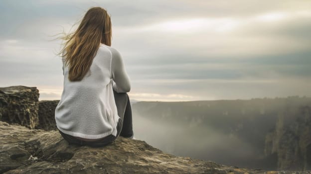A woman is perched on the edge of a cliff, looking out over a vast valley below. She seems contemplative as she takes in the expansive view of the surrounding landscape.