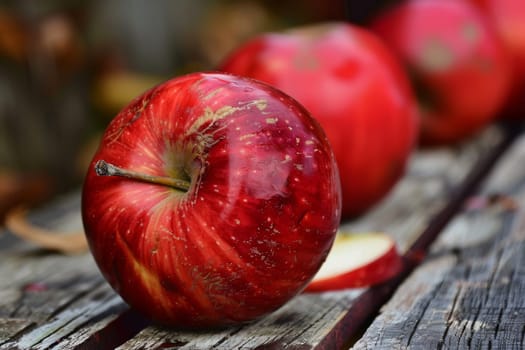 A bright red apple rests on a weathered wooden table, creating a simple yet classic scene. The apples glossy skin contrasts with the textured surface of the table.