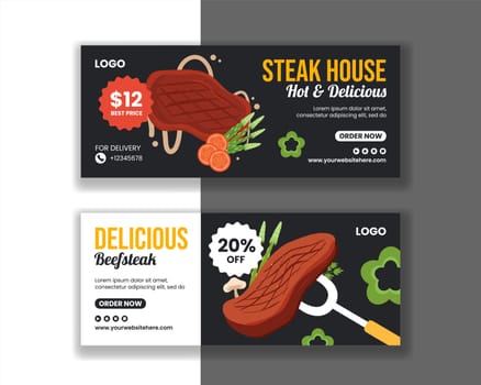 Steakhouse Horizontal Banner Flat Cartoon Hand Drawn Templates Background Illustration