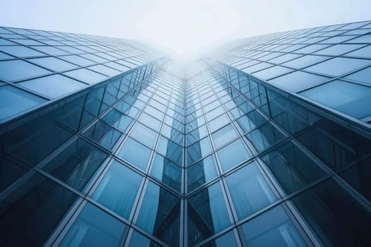 Low angle view of skyscraper with glass windows and blue sky background for business and finance concept. AI Generated.