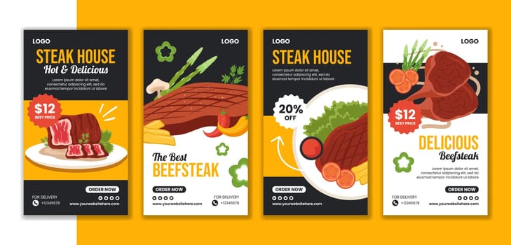 Steakhouse Social Media Stories Flat Cartoon Hand Drawn Templates Background Illustration