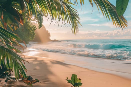 Tropical beach at sunrise. Palm trees and sea waves. Paradise island. AI Generated.