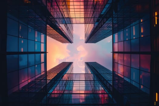 Low angle view of modern office buildings in the financial district. Skyscrapers in downtown. AI Generated.