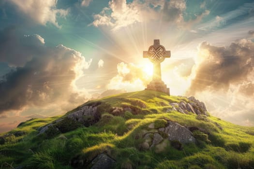 Celtic cross on a green hill with sunshine in the sky. Heavenly light behind ancient symbol of faith. AI Generated.