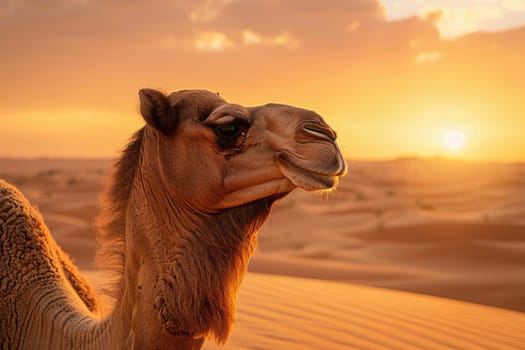 Camel portrait in the desert at golden hour sunset. AI Generated.