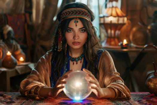 Charming gypsy female fortune teller guessing future at the table with magic crystal ball. Mysterious ambience. AI Generated.