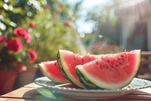 Slices of watermelon on the table on patio. AI Generated.