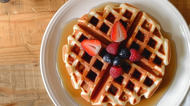 Waffles with strawberries, blueberries and maple syrup on wooden table, top view. AI Generated.