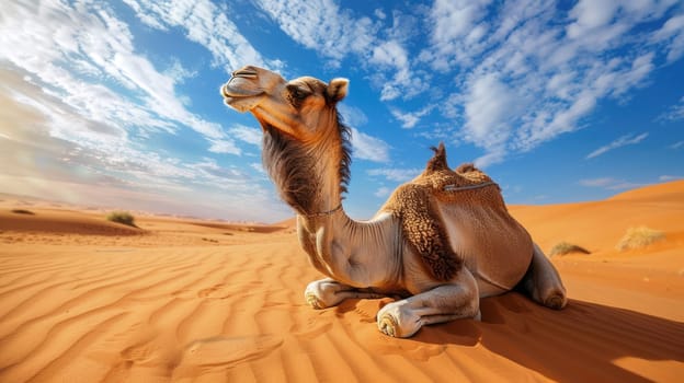 Camel resting on sand dunes in the desert. AI Generated.