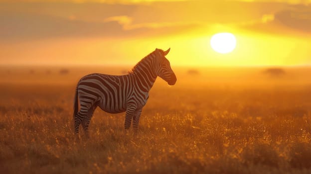 Zebra in the grassy nature habitat in savannah at sunset. AI Generated.