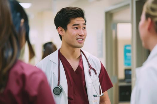 Asian male nurse practitioner wearing maroon scrubs and white coat talking to colleagues at work in hospital. AI Generated.