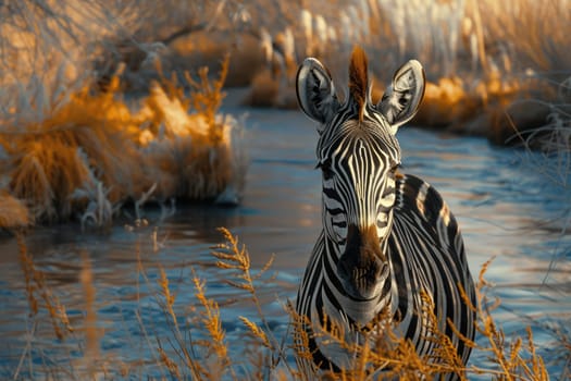 Zebra by the lake in Africa. Front view. AI Generated.