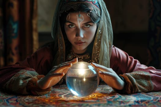 Charming gypsy female fortune teller guessing future at the table with magic crystal ball. Mysterious ambience. AI Generated.