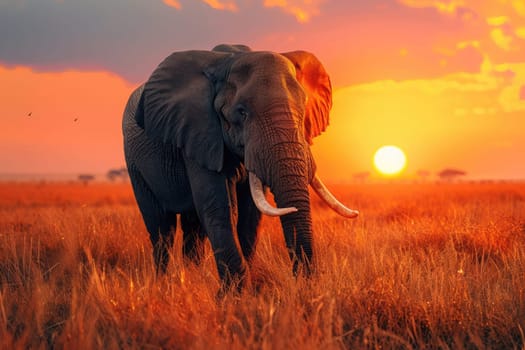 Elephant in grasslands in Africa at sunset. AI Generated.