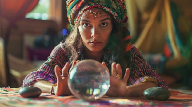 Gypsy female fortune teller guessing future using magic crystal ball. Mysterious atmosphere. AI Generated.