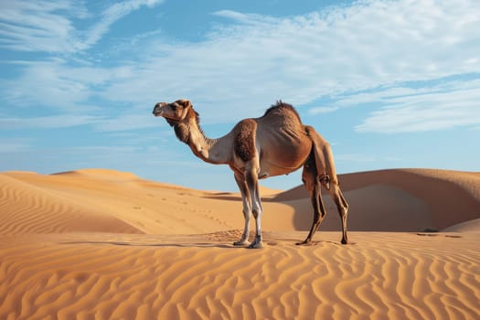 Single-humped camel in sand dunes in the desert. AI Generated.