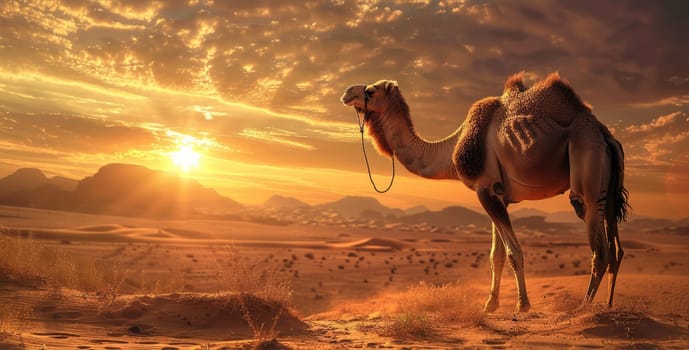 Camel in the desert at golden hour sunset. AI Generated.
