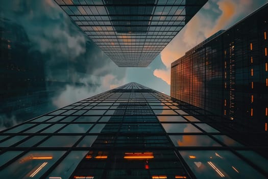 Low angle view of modern office buildings in the financial district. Skyscrapers in downtown. AI Generated.